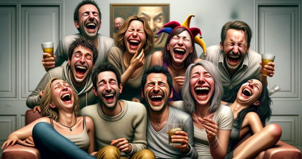 Imagem mostrando um grupo de pessoas diversas rindo incontrolavelmente em um ambiente alegre, representando a expressão 'In Stitches'. Ideal para artigos e posts de blog sobre humor, risadas contagiantes e os benefícios da alegria e do compartilhamento de momentos felizes.