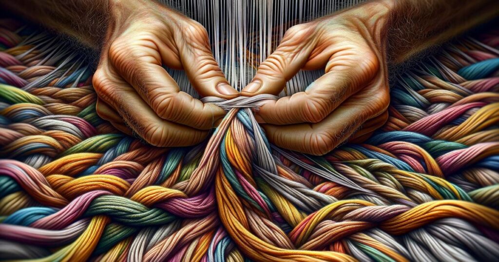 Mãos habilmente atando as pontas soltas de um lenço colorido e tecido