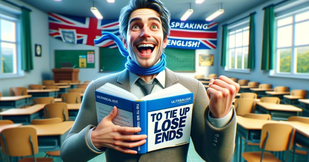 Pessoa celebrando com alegria em um ambiente educacional, após aprender a expressão 'To Tie Up Loose Ends' em inglês.