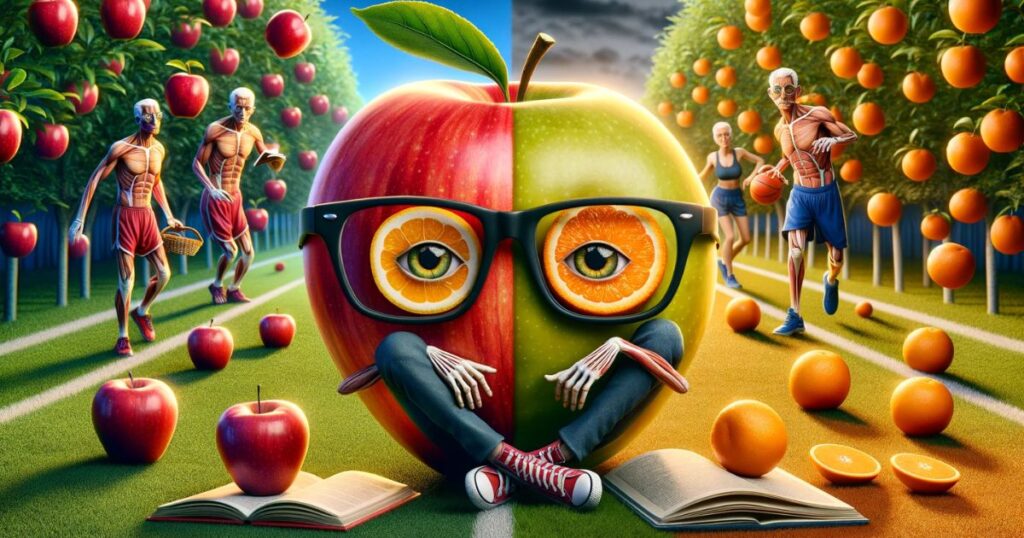 Imagem mostrando maçãs lendo livros e laranjas praticando esportes em um cenário que mistura pomar e campo esportivo, representando a expressão 'Apples and Oranges'. Ideal para artigos e posts de blog sobre contrastes, comparações incomparáveis e a celebração das diferenças de maneira divertida.