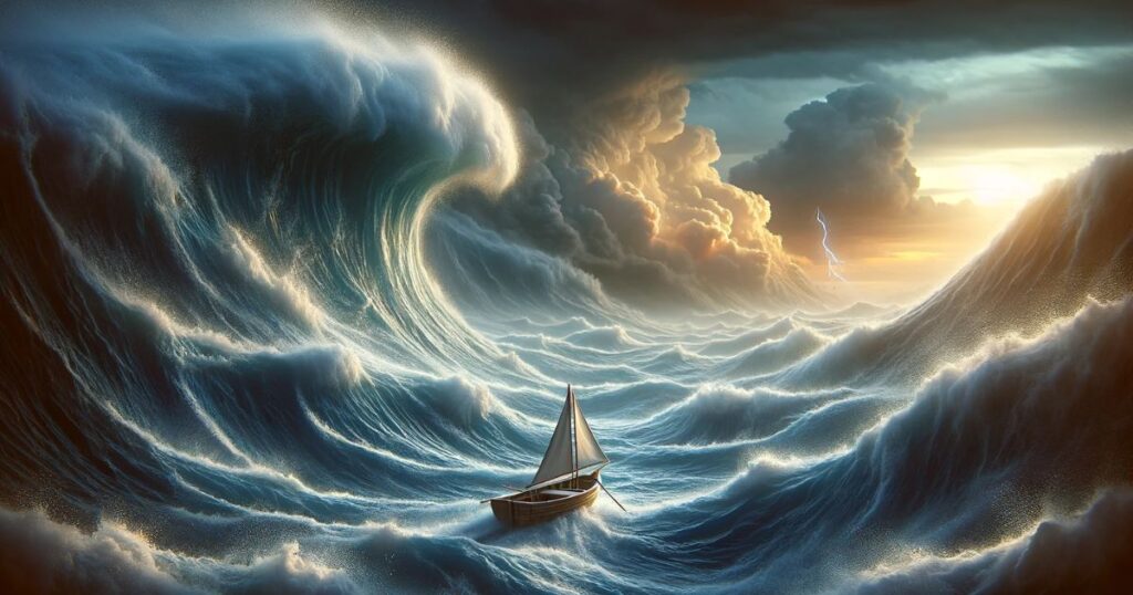 Imagem mostrando um pequeno barco enfrentando um oceano turbulento e ondas gigantes, representando visualmente a expressão 'Against All Odds'. Perfeita para artigos e posts de blog sobre superação de desafios, resiliência e perseverança em face de adversidades extremas.
