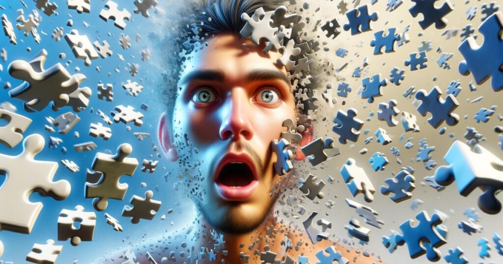 Imagem mostrando uma pessoa com expressão surpresa e confusa, cercada por peças de quebra-cabeça espalhadas, representando a expressão 'Lose It'. O fundo abstrato simboliza caos e desordem, ideal para artigos e posts de blog sobre lidar com emoções intensas, perda de controle e desafios de saúde mental.