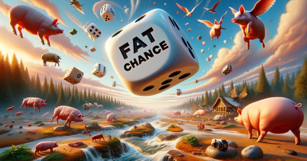 Imagem mostrando um dado caindo em um número impossível em um cenário surreal, com porcos voadores e rios fluindo para cima, representando visualmente a expressão 'Fat Chance'. Ideal para artigos e posts de blog sobre improbabilidade, ironia, e o inesperado.