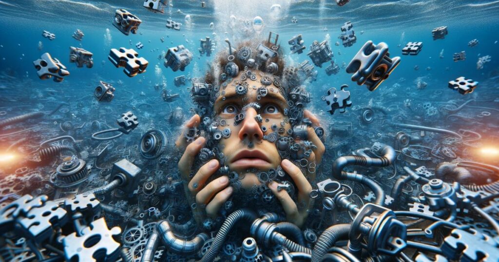 Imagem mostrando uma pessoa submersa cercada por maquinário complexo, representando a expressão 'Be In Over Your Head'. Ideal para artigos e posts de blog sobre lidar com desafios avassaladores, superação pessoal e gerenciamento de situações desafiadoras.