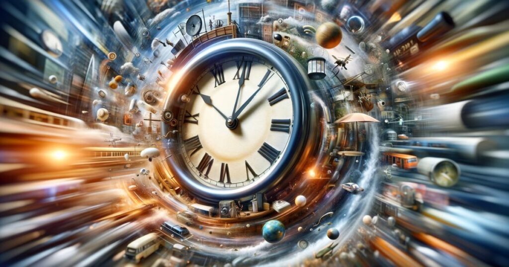 Imagem mostrando um relógio com ponteiros movendo-se para trás em um fundo colorido e abstrato, representando a expressão 'Of late'. O relógio simboliza a passagem do tempo, enquanto o fundo representa a história recente, tecnologia e mudanças sociais, ideal para ilustrar blog posts e artigos sobre reflexões contemporâneas e análises de tendências recentes.