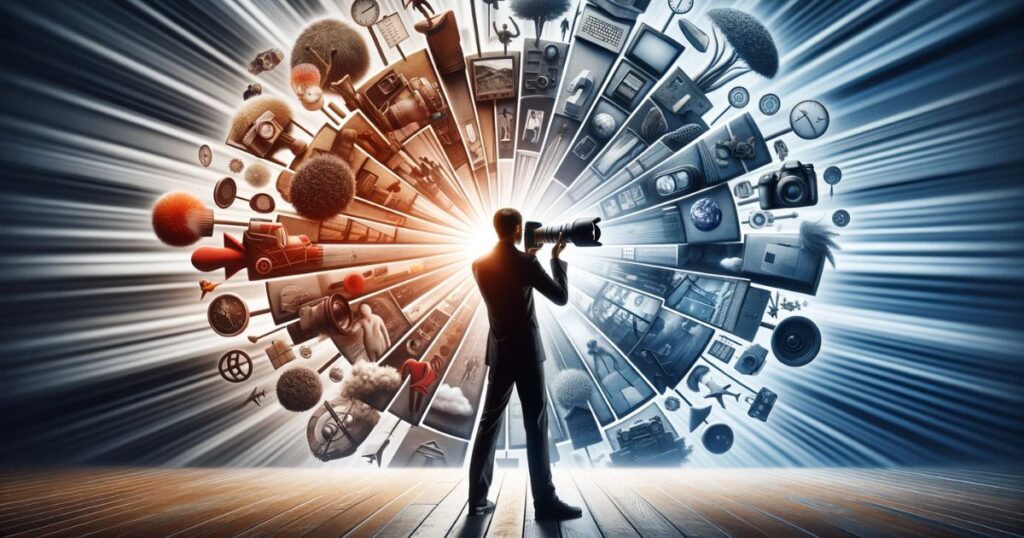 Imagem mostrando uma pessoa segurando uma câmera grande e apontando para um alvo de decisões de vida, simbolizando a expressão 'Call The Shots'. Perfeita para artigos e posts de blog sobre liderança, tomada de decisões e controle da própria vida