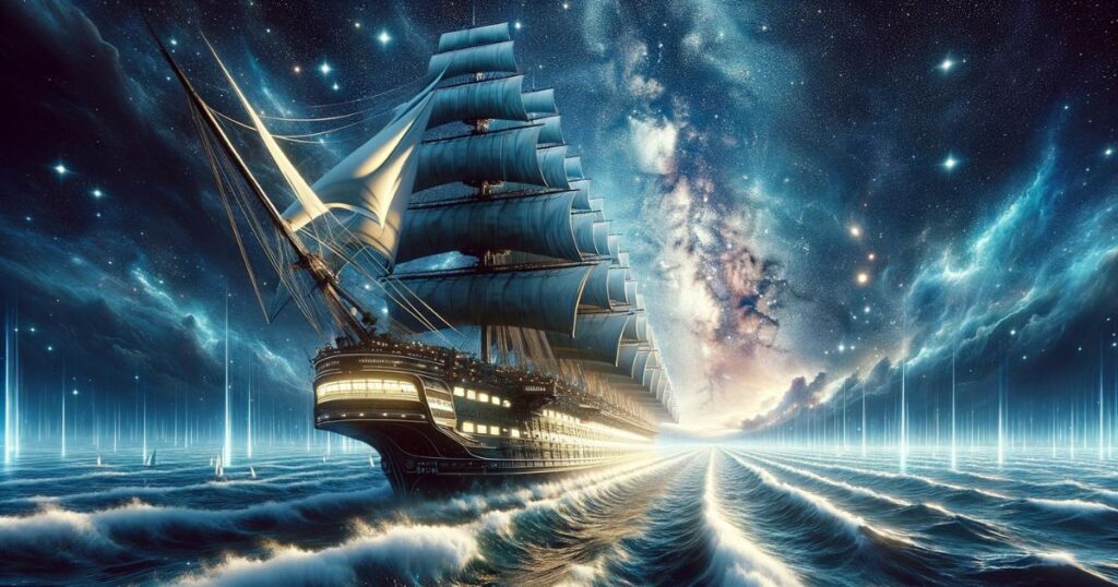 Imagem mostrando uma nave espacial majestosa ou navio à vela iniciando uma jornada longa, com um fundo de estrelas ou oceano, representando a expressão 'Godspeed'. Perfeita para artigos e posts de blog sobre aventuras, jornadas de esperança e desejos de sucesso e segurança.